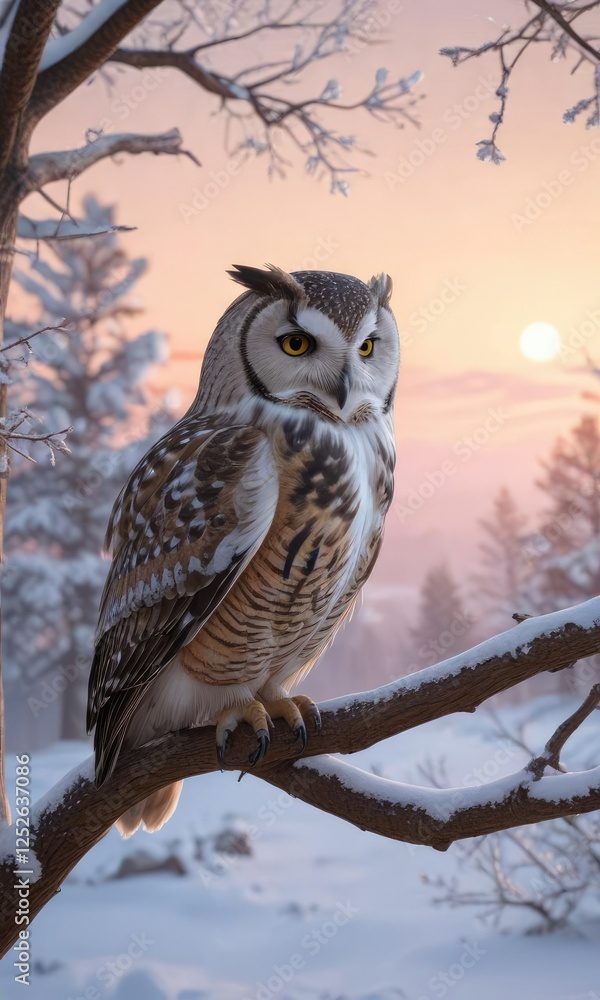 Owl perched on a tree branch looking out at a snow-covered landscape with a hint of sunrise in the sky, frosty, view Owl perched on a tree branch looking out at a snow-covered landscape with a hint of sunrise in the sky, frosty, view