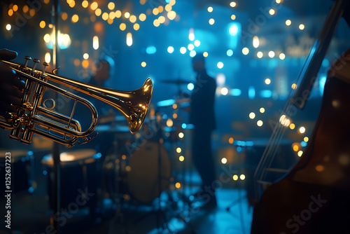 Trumpet player performing in a jazz club with warm lights and a band in the background