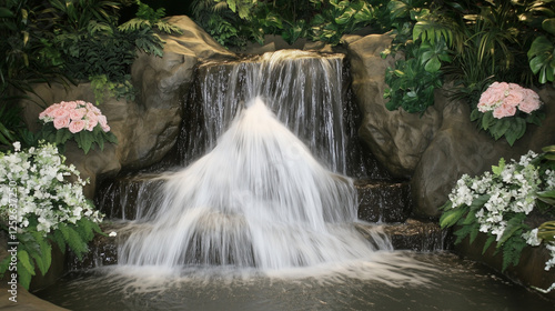 Serene Waterfalls Flowing Over Rocks Surrounded by Lush Greenery in a Natural Setting photo