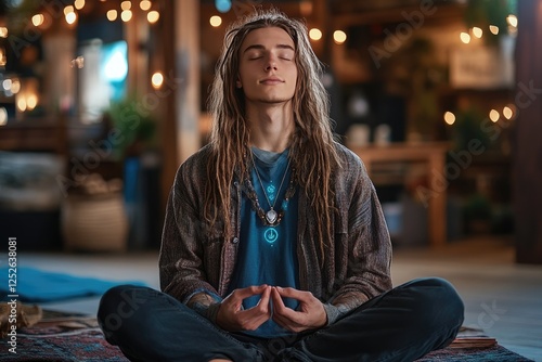 Young Man Meditating in Cozy Room with String Lights and Calm Ambiance photo