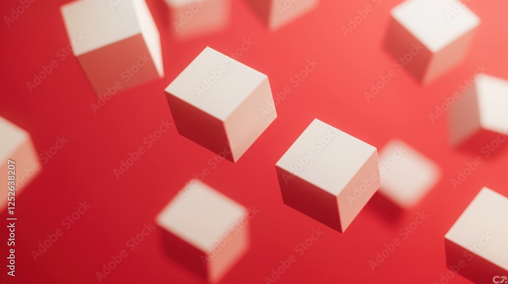 Floating 3D cubes arranged in a complex pattern on a solid red background. Floating 3D cubes arranged in a complex pattern on a solid red background.
