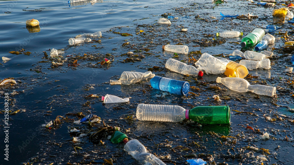 Fototapeta premium Plastic pollution floats on water surface.