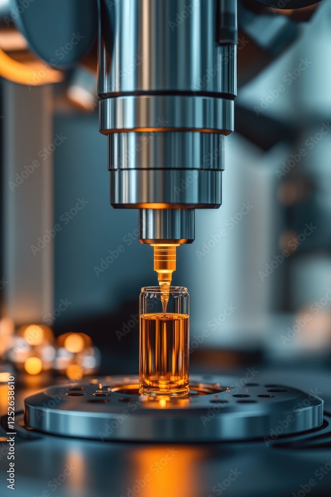 Advanced Microscope Close-Up with Orange Fluid Sample in Laboratory Setting Advanced Microscope Close-Up with Orange Fluid Sample in Laboratory Setting