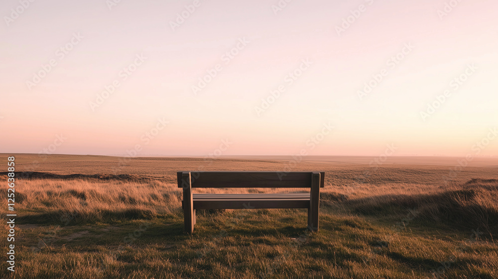 Lonely Wooden Bench Overlooking a Scenic Landscape at Sunset Lonely Wooden Bench Overlooking a Scenic Landscape at Sunset