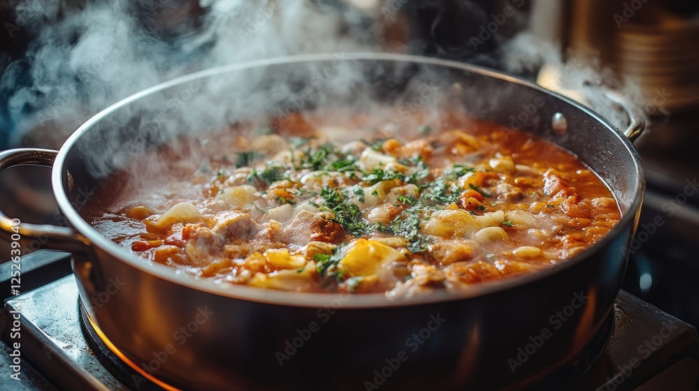 Steaming Pot of Hearty Stew with Fresh Vegetables and Herbs on a Stove Steaming Pot of Hearty Stew with Fresh Vegetables and Herbs on a Stove