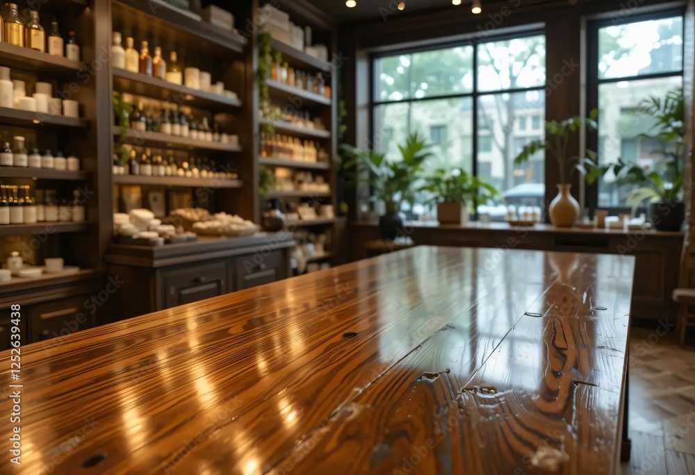 Morden Luxury Shope Background with wooden Table with window Morden Luxury Shope Background with wooden Table with window