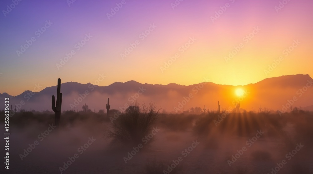 Fototapeta premium Majestic Desert Sunrise Landscape with Fog and Cactus