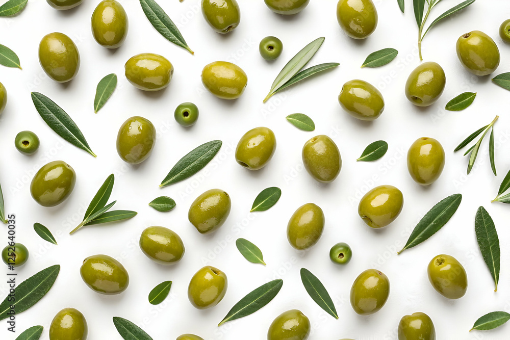 Arrangement Of Green Olives And Leaves On A White Surface. Fresh Olives And Arrangement Of Green Olives And Leaves On A White Surface. Fresh Olives And