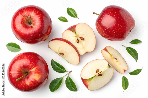 Apples And Slices With Green Leaves On White Background
