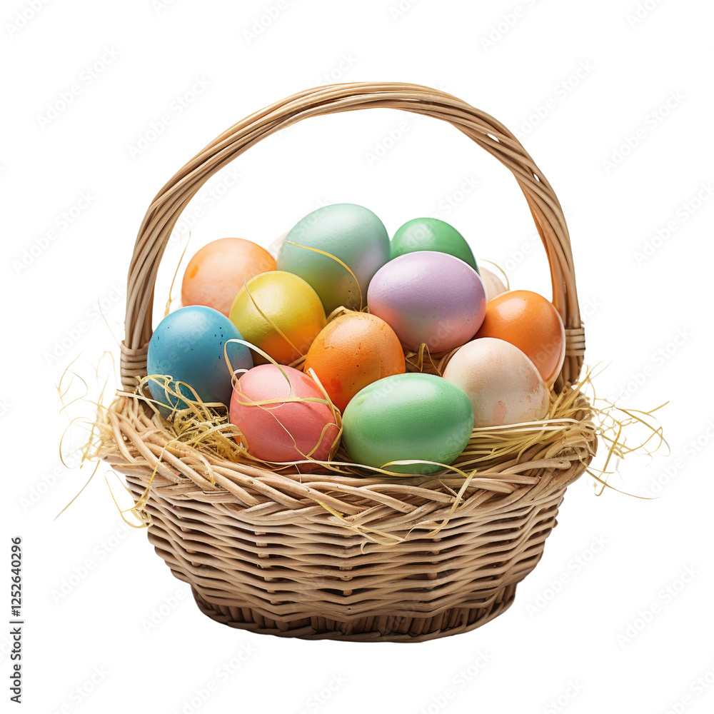 Colorful Pastel Easter Eggs in a Wicker Basket with Straw Filling Colorful Pastel Easter Eggs in a Wicker Basket with Straw Filling