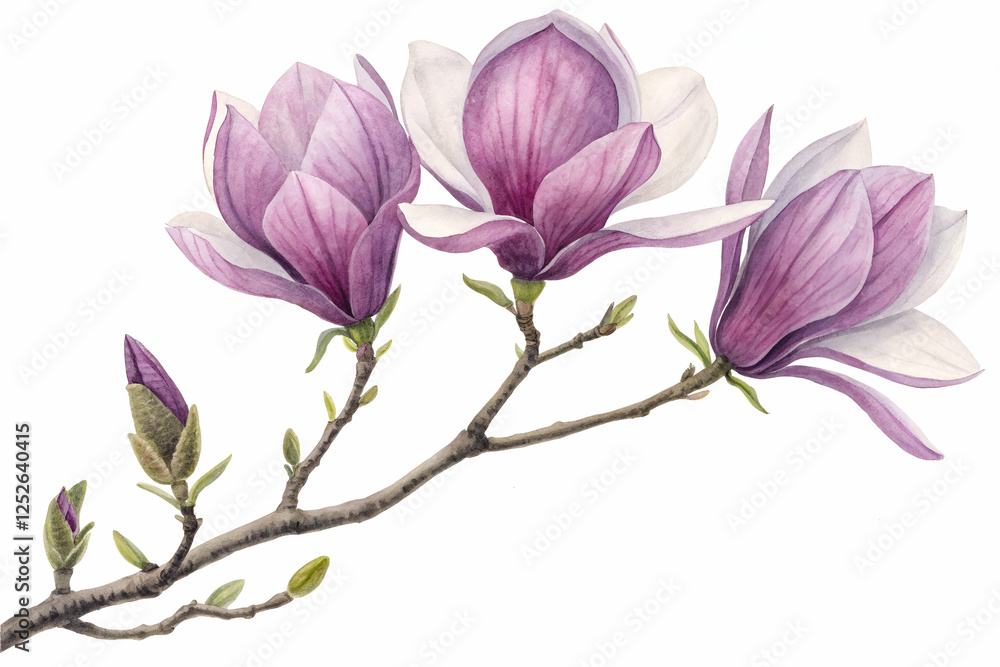 Fototapeta premium Botanical Illustration Of Magnolia Branch With BlossomsIn Springtime Style. A