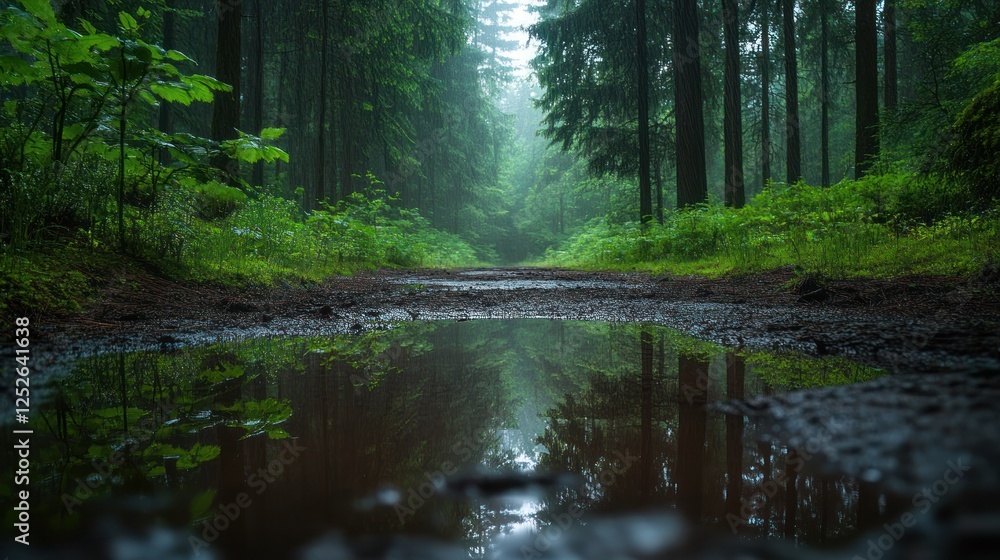 Misty forest path reflecting in a puddle. Misty forest path reflecting in a puddle.
