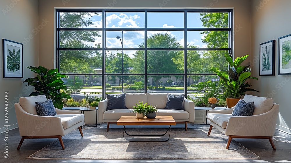 Modern waiting area with large window and comfortable seating.