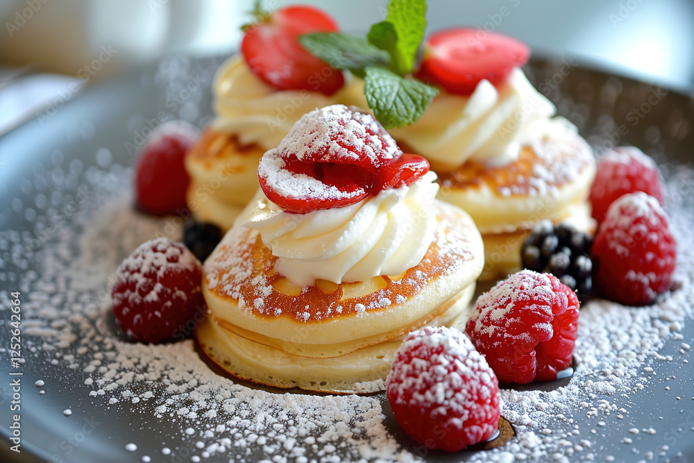 Airy cake with cream and red berries on a saucer. Airy cake with cream and red berries on a saucer.