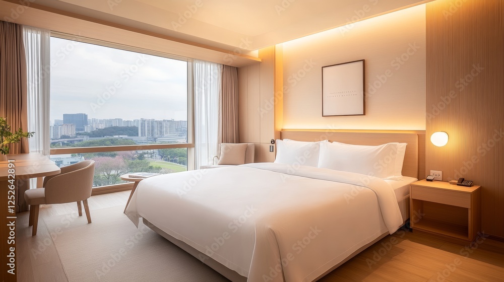 Fototapeta premium Modern Hotel Room with City View and King Size Bed.