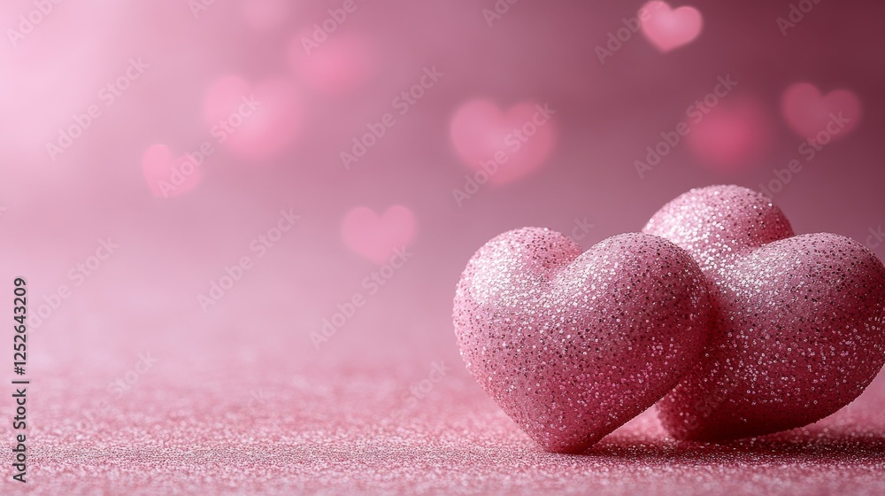 Fototapeta premium Sparkling Hearts: A Romantic Valentine's Day Scene with Glittering Pink Hearts and Soft Bokeh Lights, Perfect for Festive Celebrations