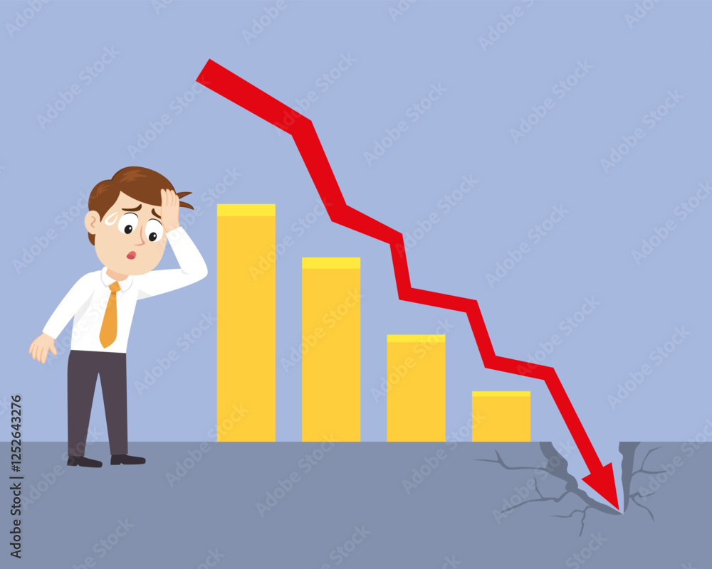 Business man graph falling down. Business crisis, Bearish trend on financial market. Flat, Vector, Illustration, Cartoon, EPS10. Business man graph falling down. Business crisis, Bearish trend on financial market. Flat, Vector, Illustration, Cartoon, EPS10.