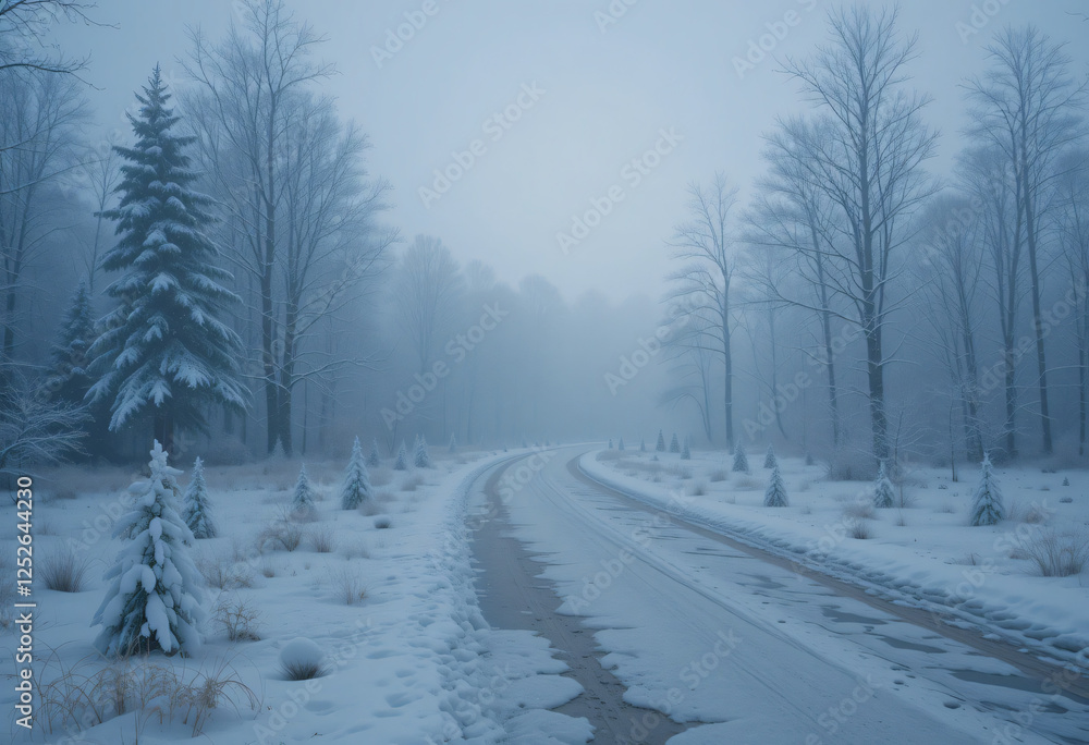 Mysterious Misty Winter Forest with Snow-Covered with track path Background Mysterious Misty Winter Forest with Snow-Covered with track path Background