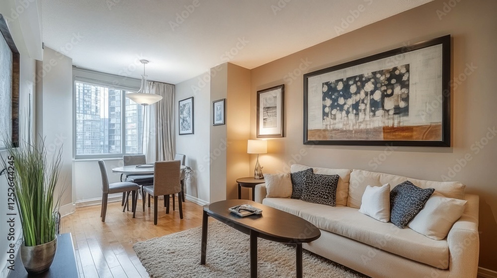 Fototapeta premium A well-decorated small condo with neutral tones, including a cozy nook with a small dining table, a stylish couch, and tasteful artwork, creating a relaxing urban retreat.