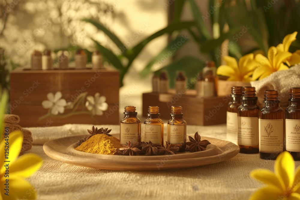 Spa aromatherapy oils, turmeric, star anise, tranquil setting