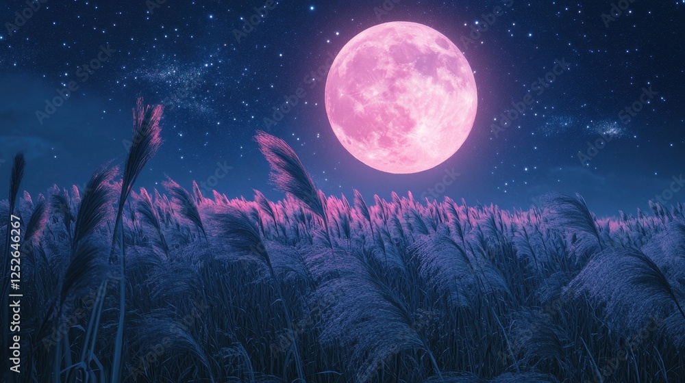 Naklejka premium Full moon and Japanese pampas grass in midnight,The harvest Miscanthus sinensis and full moon,beautiful night sky in the countryside with the perfect moon exudes beauty in the dark.