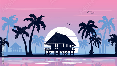 house by the ocean with palm trees vector pink sunset