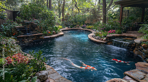 Koi fish swim in a tranquil backyard pool surrounded by lush landscaping and waterfalls