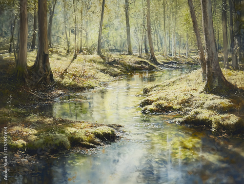 Sunlit Forest Stream with Mossy Banks and Tranquil Flowing Water