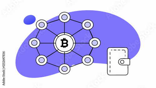 A digital representation of a Bitcoin network is shown with interconnected nodes and a wallet icon. The design features a prominent blue background, giving a modern and tech-oriented look.AI