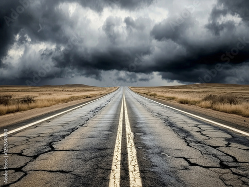 Desert Highway with Cracked Asphalt Under Dramatic Storm Clouds