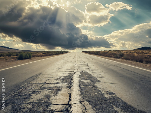 Desert Highway with Cracked Asphalt Under Dramatic Storm Clouds