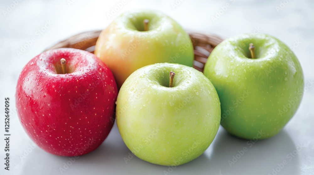 Four ripe apples in a basket on marble. Food photography for recipe websites Four ripe apples in a basket on marble. Food photography for recipe websites