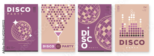 Set of retro disco party posters, covers or banners with disco ball. Disco background. Flat design. Vector illustration