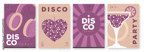 Set of retro disco party posters, covers or banners with disco ball. Disco background. Flat design. Vector illustration