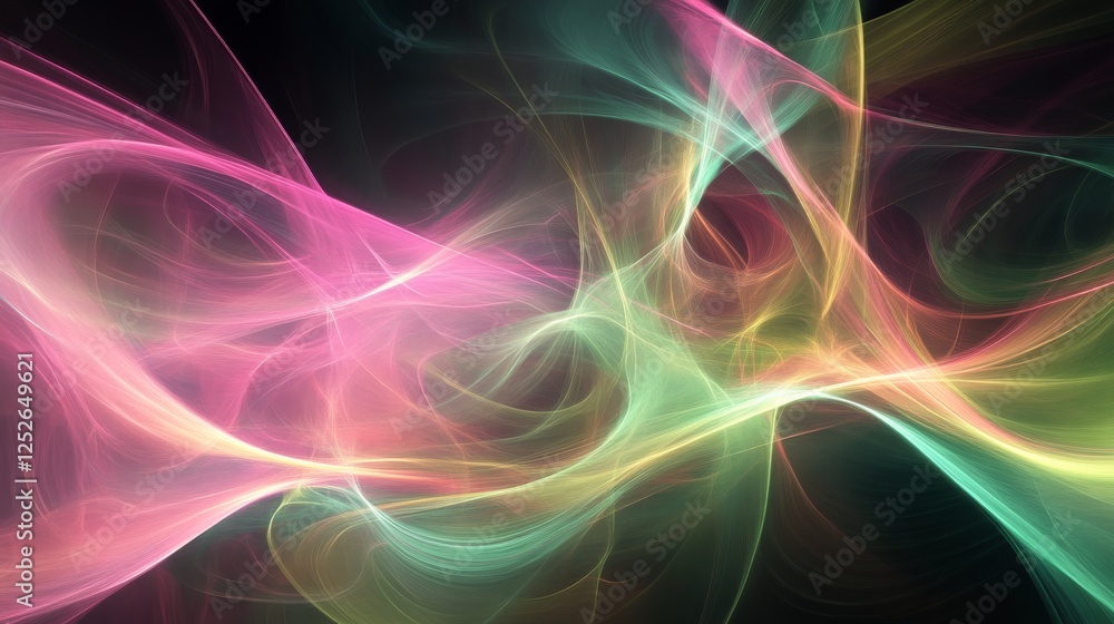 Abstract colorful light waves swirling on black background, digital artwork. Modern art and creativity concept Abstract colorful light waves swirling on black background, digital artwork. Modern art and creativity concept