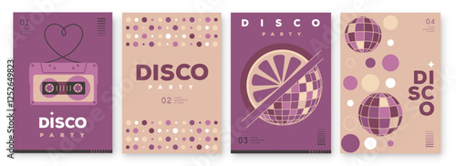 Set of retro disco party posters, covers or banners with disco ball. Disco background. Flat design. Vector illustration
