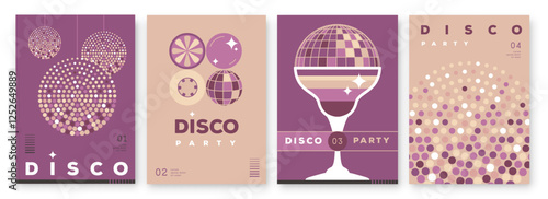 Set of retro disco party posters, covers or banners with disco ball. Disco background. Flat design. Vector illustration