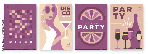 Set of retro disco party posters, covers or banners with disco ball. Disco background. Flat design. Vector illustration