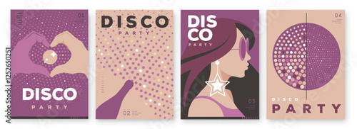Set of retro disco party posters, covers or banners with disco ball. Disco background. Flat design. Vector illustration