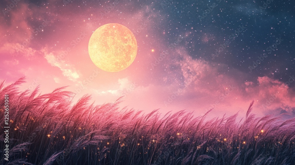 Fototapeta premium Full moon and Japanese pampas grass in midnight,The harvest Miscanthus sinensis and full moon,beautiful night sky in the countryside with the perfect moon exudes beauty in the dark.