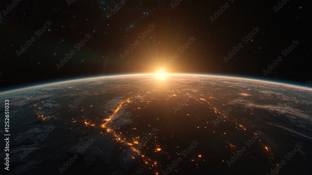 Obraz premium Earth sunrise from space, city lights, planets, universe, space exploration, astronomical background, showcasing our planet, a breathtaking view