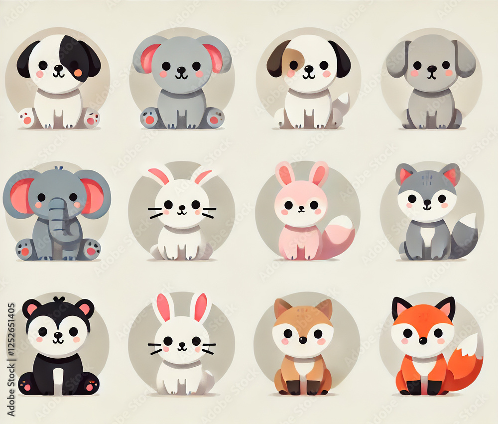 Fototapeta premium Adorable cartoon animal icons featuring dogs, rabbits, foxes, and elephants in a kawaii style