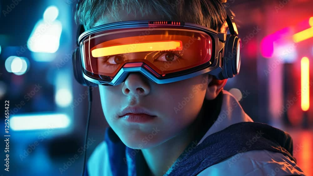 cyberpunk young Caucasian boy in a virtual reality setting wearing VR glasses gadget at neon cityscape
cyberpunk young Caucasian boy in a virtual reality setting wearing VR glasses gadget at neon cityscape