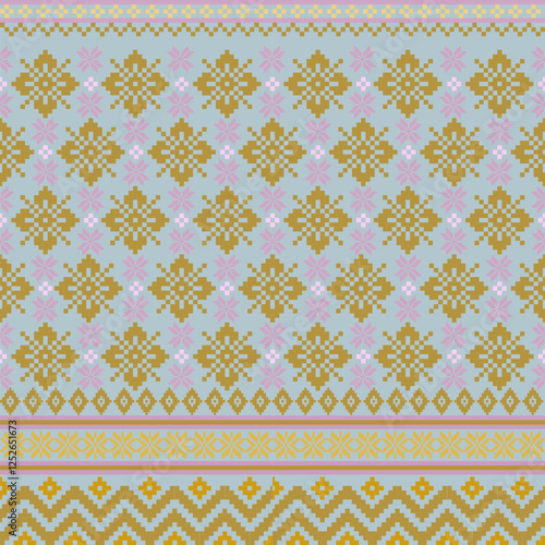 Fabric pixel abstract geometric pattern Thai stye design for clothing, fabric, background, wallpaper, wrapping, batik. Knitwear, Embroidery style. Aztec geometric art ornament print.