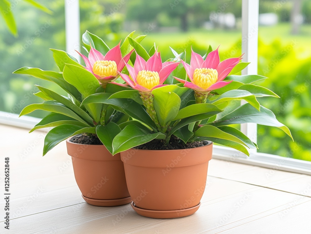 Two Pink Pineapple Lily Plants in Terracotta Pots on Wooden Surface