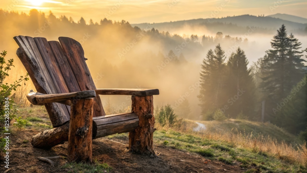 Double Exposure: Serene Log Chair, Misty Forest, Golden Hour Sunbeams Double Exposure: Serene Log Chair, Misty Forest, Golden Hour Sunbeams