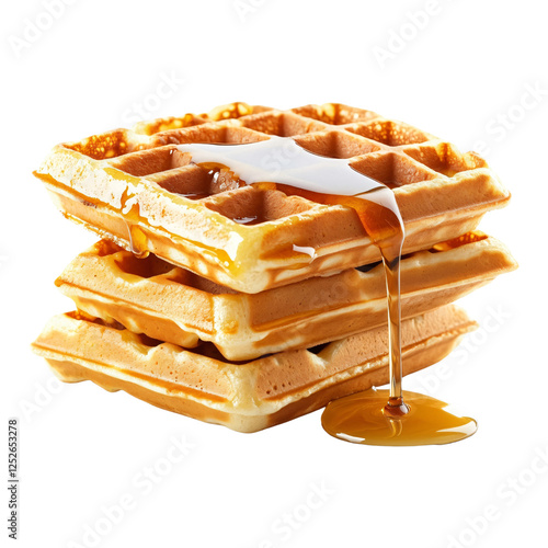 Stack of golden crispy waffles drenched in sweet honey syrup, breakfast treat isolated on transparent background