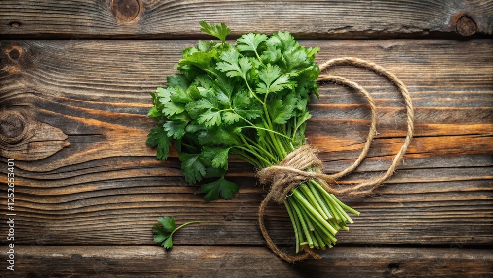 A Fresh Bunch of Parsley Tied with Rustic Twine on a Weathered Wooden Surface A Fresh Bunch of Parsley Tied with Rustic Twine on a Weathered Wooden Surface