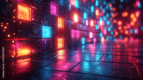 Neon Glow Tiles Cyberpunk Cityscape Digital Art Background Red Wall Pink Blue Light Shiny Night     