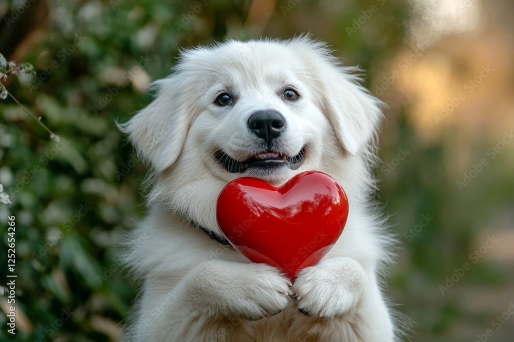 Great pyrenees - my beloved dog, symbol of friendship. Ad campaign companion visual idea. Cute great pyrenees pup with diamond red heart on a walk in a spring green space. Dog and pink hearts. Great pyrenees - my beloved dog, symbol of friendship. Ad campaign companion visual idea. Cute great pyrenees pup with diamond red heart on a walk in a spring green space. Dog and pink hearts.